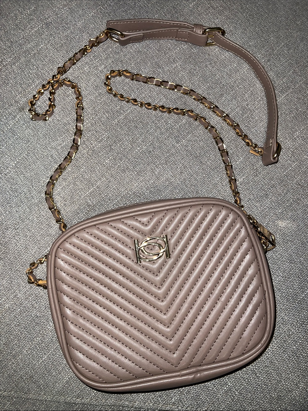 Bebe Quilted Chevron Crossbody Bag in Taupe with Gold Hardware